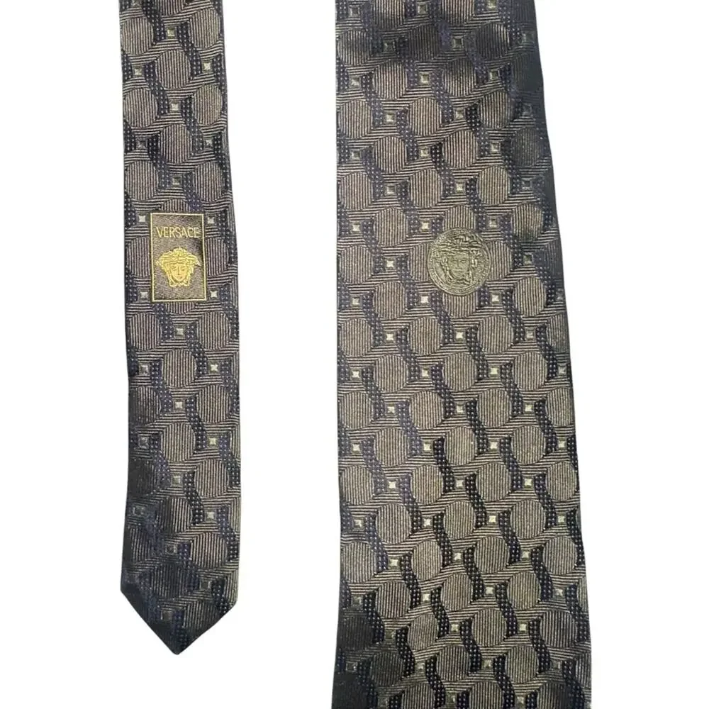 Gianni Versace Silk Printed Olive Green Medusa Logo Vintage Tie